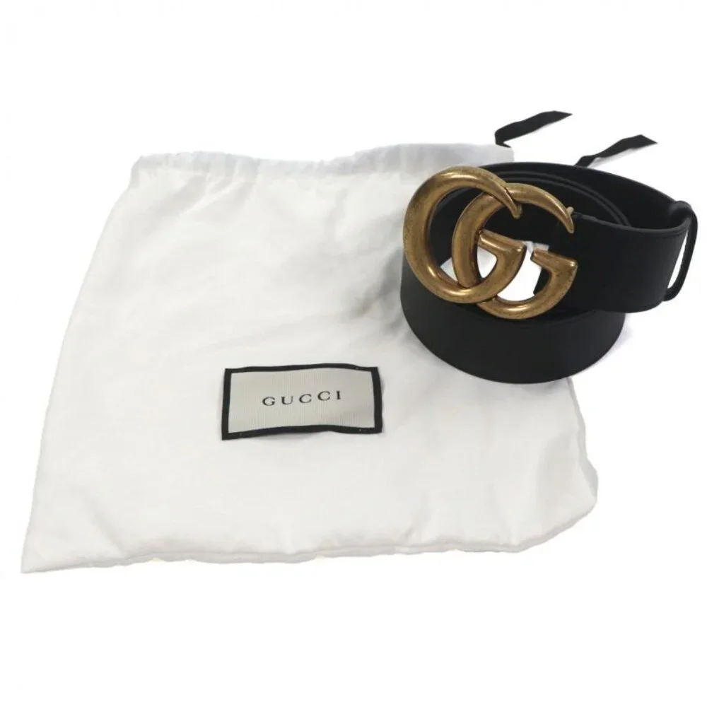 Gucci Double Wide Belt Leather GG Marmont Buckle Black Gold - Picture 2 of 10